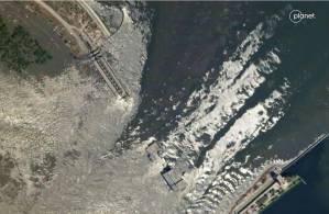 Satellite image shows the Nova Kakhovka dam breached ( Image from Skysat courtesy of © 2023 Planet Labs PBC, available